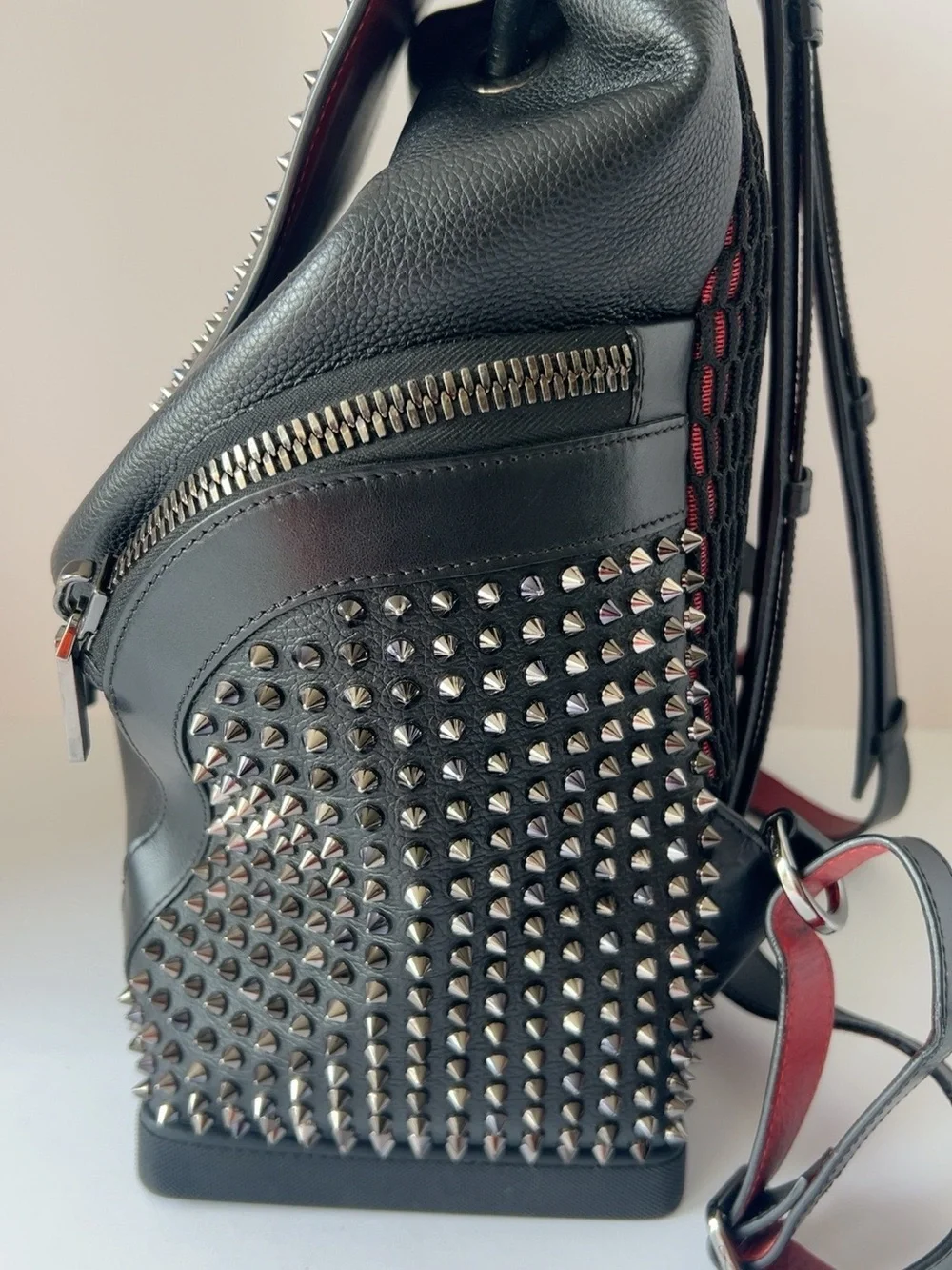 Christian Louboutin SPIKED EXPLORAFUNK Black Leather Studded Backpack Red